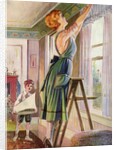 Housewife hanging curtains in her living room by Anonymous
