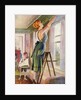 Housewife hanging curtains in her living room by Anonymous
