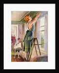 Housewife hanging curtains in her living room by Anonymous