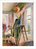 Housewife hanging curtains in her living room by Anonymous