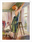 Housewife hanging curtains in her living room by Anonymous