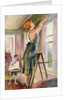 Housewife hanging curtains in her living room by Anonymous