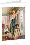 Housewife hanging curtains in her living room by Anonymous