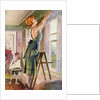 Housewife hanging curtains in her living room by Anonymous