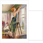 Housewife hanging curtains in her living room by Anonymous
