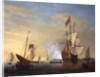 Harbor Scene: An English Ship with Sails Loosened Firing a Gun by Peter Monamy