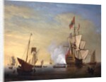 Harbor Scene: An English Ship with Sails Loosened Firing a Gun by Peter Monamy