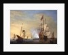 Harbor Scene: An English Ship with Sails Loosened Firing a Gun by Peter Monamy