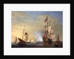 Harbor Scene: An English Ship with Sails Loosened Firing a Gun by Peter Monamy