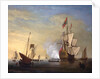 Harbor Scene: An English Ship with Sails Loosened Firing a Gun by Peter Monamy