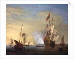 Harbor Scene: An English Ship with Sails Loosened Firing a Gun by Peter Monamy