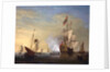 Harbor Scene: An English Ship with Sails Loosened Firing a Gun by Peter Monamy
