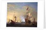 Harbor Scene: An English Ship with Sails Loosened Firing a Gun by Peter Monamy
