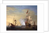 Harbor Scene: An English Ship with Sails Loosened Firing a Gun by Peter Monamy