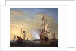 Harbor Scene: An English Ship with Sails Loosened Firing a Gun by Peter Monamy