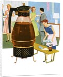 Coffee carafe and housewife serving coffee to guests by Anonymous