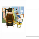 Coffee carafe and housewife serving coffee to guests by Anonymous