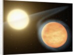 Artist's conception of the searing-hot gas planet WASP-12b (orange orb) and its star by Anonymous