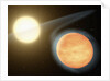 Artist's conception of the searing-hot gas planet WASP-12b (orange orb) and its star by Anonymous