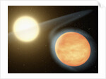 Artist's conception of the searing-hot gas planet WASP-12b (orange orb) and its star by Anonymous