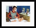 1940s Mother with Her Baby on a Changing Table in a Nursery. by Anonymous