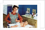 1940s Mother with Her Baby on a Changing Table in a Nursery. by Anonymous