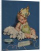 Sleeping baby in party hat with sleeping dog by Anonymous