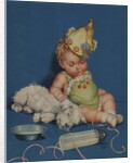 Sleeping baby in party hat with sleeping dog by Anonymous