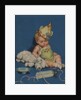 Sleeping baby in party hat with sleeping dog by Anonymous