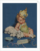 Sleeping baby in party hat with sleeping dog by Anonymous