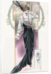 Woman modeling black and white dress and feathered hat by Anonymous