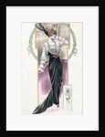 Woman modeling black and white dress and feathered hat by Anonymous