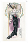 Woman modeling black and white dress and feathered hat by Anonymous