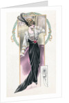 Woman modeling black and white dress and feathered hat by Anonymous