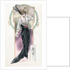 Woman modeling black and white dress and feathered hat by Anonymous