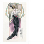 Woman modeling black and white dress and feathered hat by Anonymous