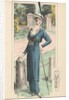 Woman modeling blue dress and feathered hat by Anonymous