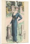 Woman modeling blue dress and feathered hat by Anonymous