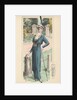 Woman modeling blue dress and feathered hat by Anonymous