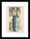 Woman modeling blue dress and feathered hat by Anonymous