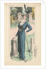 Woman modeling blue dress and feathered hat by Anonymous