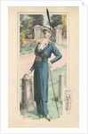 Woman modeling blue dress and feathered hat by Anonymous