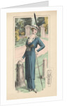 Woman modeling blue dress and feathered hat by Anonymous