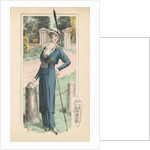 Woman modeling blue dress and feathered hat by Anonymous