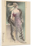 Woman modeling pink evening gown, fur stole and feathered headdress by Anonymous