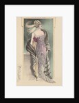 Woman modeling pink evening gown, fur stole and feathered headdress by Anonymous