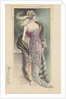 Woman modeling pink evening gown, fur stole and feathered headdress by Anonymous