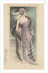 Woman modeling pink evening gown, fur stole and feathered headdress by Anonymous