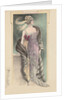 Woman modeling pink evening gown, fur stole and feathered headdress by Anonymous