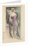 Woman modeling pink evening gown, fur stole and feathered headdress by Anonymous